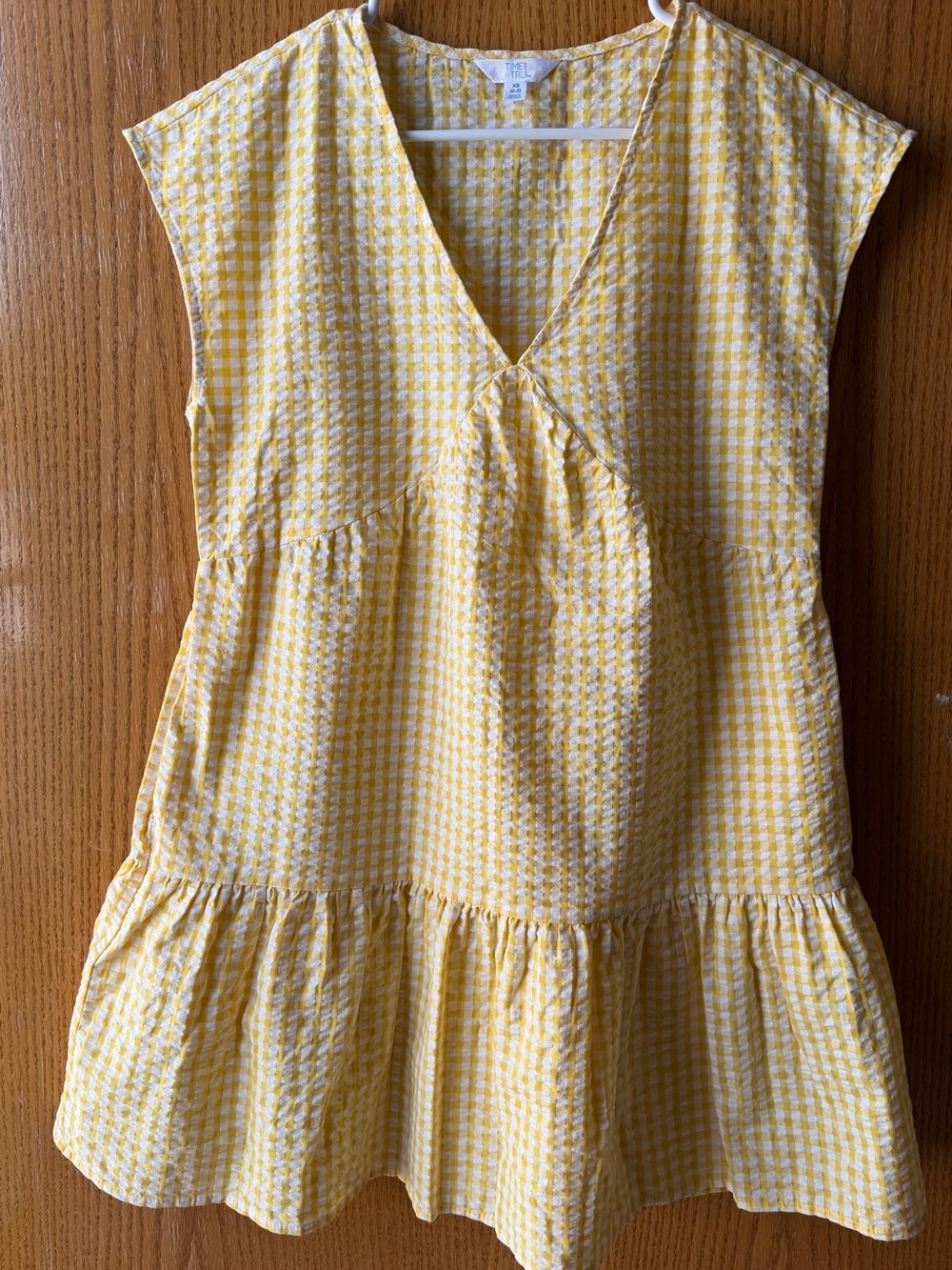 Time and Tru Yellow Gingham V-Neck Tiered Mini Dress